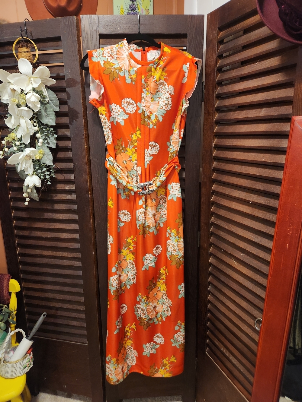 Leslie Fay Bright Orange Floral Maxi Dress with Cream & Green